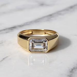 Anillo de sello para hombre con moissanita talla esmeralda / Anillo llamativo de oro macizo de 14 quilates / Certificado GRA / Engaste biselado / Anillo de boda / Regalo para él