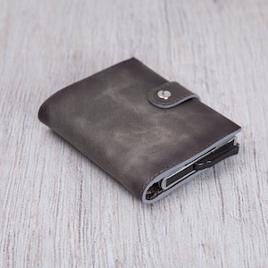 Leren creditcardhouder RFID-blokker - Portemonnee mechanisme - Visitekaarthouder - Handgemaakte portemonnee - Gepersonaliseerd cadeau / EFFECT GRIJS
