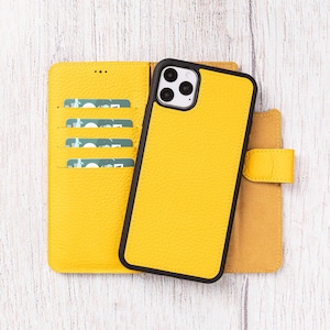 iPhone 11 Pro Max Lederhülle - Magnetische abnehmbare Rückseite unterstützt kabelloses Laden - iPhone 11 Pro Max 6,5 Zoll Hülle / GELB