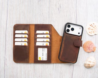 iPhone 18 Pro Brown Leather Wallet, Detachable Case, MagSafe Cover