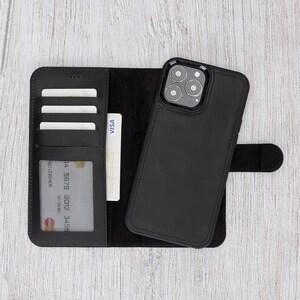 Cartera de cuero negro para iPhone 13 Pro - Funda para iPhone 13 Pro de 6,1" - Cubierta trasera magnética desmontable para iPhone 13 Pro que admite carga inalámbrica