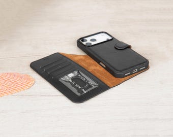 Full Grain Leather iPhone 18 Pro Max Wallet Case: MagSafe Detachable RFID Blocking