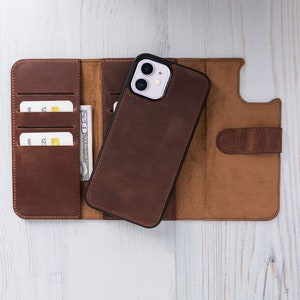 Funda para iPhone 12 de 6,1" - Cartera de cuero triple personalizada para iPhone 12 - La contraportada admite carga MagSafe y carga inalámbrica - Regalo / MARRÓN