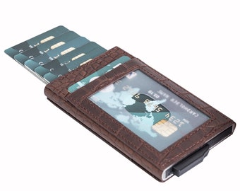 Mechanism Card Case - RFID Blocker Wallet - Leather Business Card Case - Credit Card Holder - Leather Card Wallet - Customized Gift / BROWN