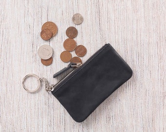 Leather Coin Pouch - Business Card Holder - Credit Card Case - Handmade Personalized Wallet - Full Grain Leather Customized Gift / BLACK