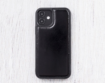 Personalized Black Leather iPhone 12 Case: Wireless Charging