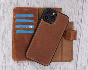 Best Phone Case for iPhone 12 Pro - Leather iPhone 12 Bifold Wallet - iPhone 12 Mini Leather Case - iPhone 12 Pro Max Detachable Cover / TAN