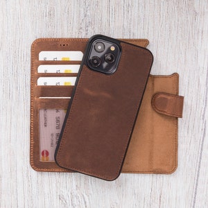 Funda para iPhone 12 Pro Max 6.7" - Cartera plegable de cuero de plena flor - Cubierta trasera desmontable compatible con cargador MagSafe y carga inalámbrica / MARRÓN