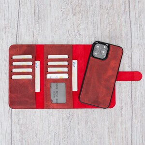 Red Leather iPhone 13 Pro Max Case - Full Grain Leather iPhone 13 Pro Max 6.7" Wallet - Personalized Back Cover Supports Wireless Charge