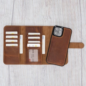 iPhone 13 Pro Max Case - Full Grain Leather iPhone 13 Pro Max Wallet - Magnetic Detachable Protective Back Cover - Personalized Wallet