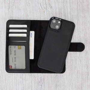 Funda para iPhone 13 - Cartera de cuero negro para iPhone 13 de 6,1" - Funda trasera desmontable magnética para iPhone 13 - Regalo personalizado - Funda tipo cartera hecha a mano