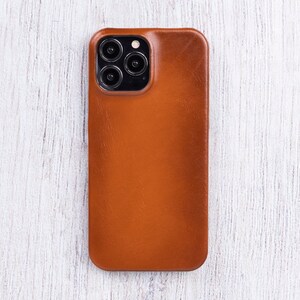 May include: A brown leather phone case with a camera lens cutout.