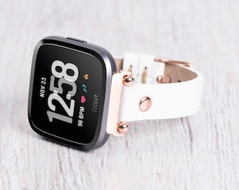 White Leather Fitbit Band: Versa & Sense Series, Custom Engraved