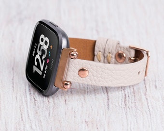 Gray Leather Fitbit Band: Versa 4, Sense 2, Engraved Strap