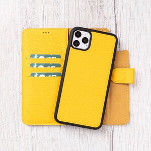 iPhone 11 Pro Hülle - Handgefertigte Bifold Brieftasche aus Vollnarbenleder - Magnetische abnehmbare Rückseite unterstützt kabelloses Laden - Geschenk / GELB