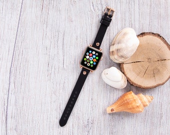 Personalisiertes schmales Lederarmband für Apple Watch: Handgefertigtes Vollnarbenarmband
