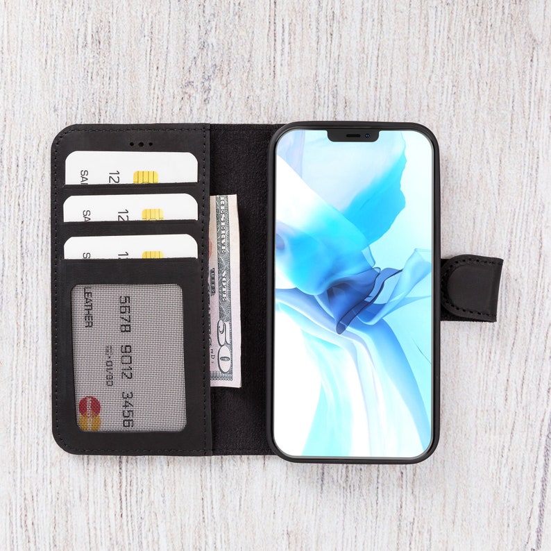 iPhone 12 Mini 5.4 Leather Wallet Customized Gift Back Cover BLACK Handmade Bifold Wallet Best Phone Case for iPhone 12 Mini