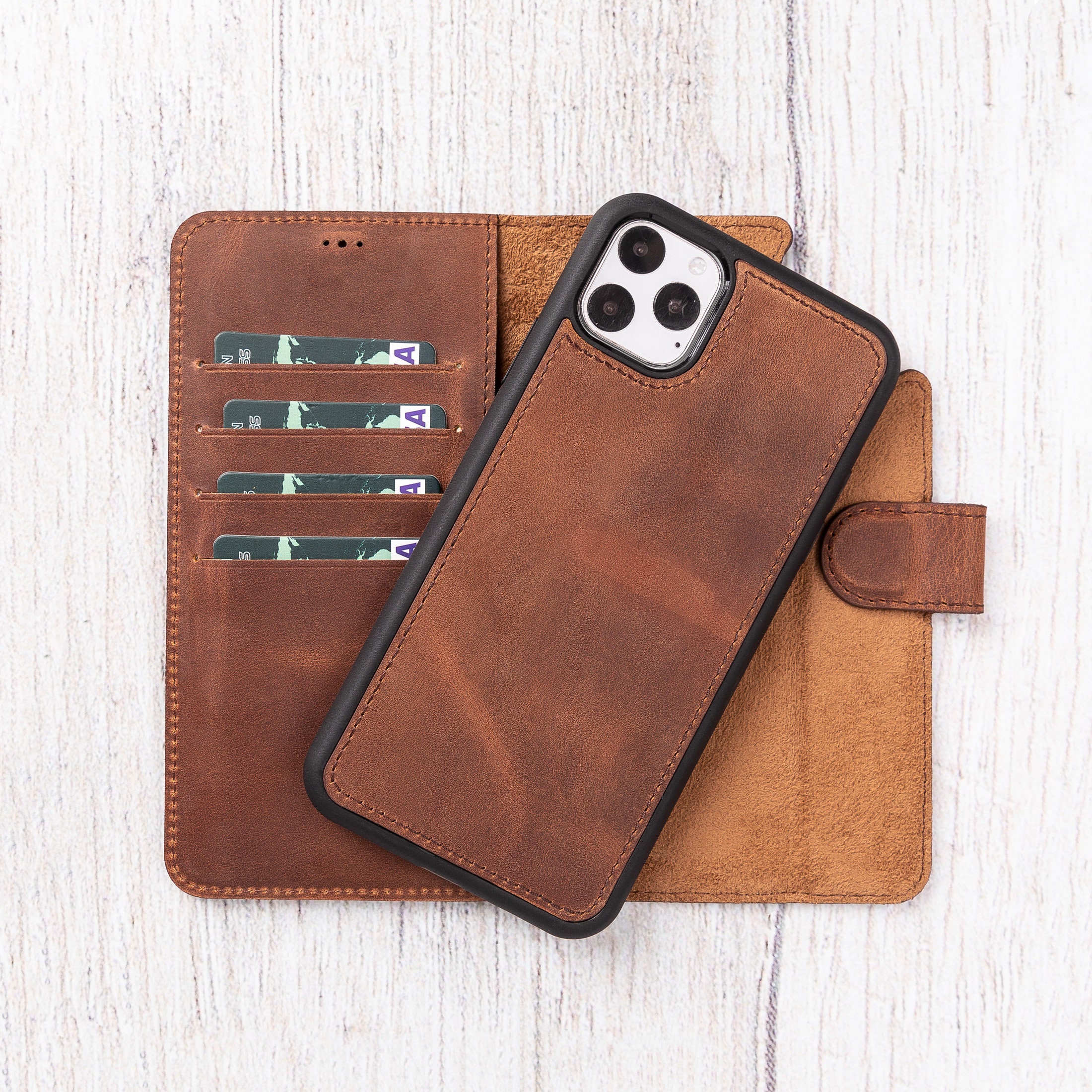 Brown Leather iPhone 11 Pro Max Wallet Case: Magnetic Detachable