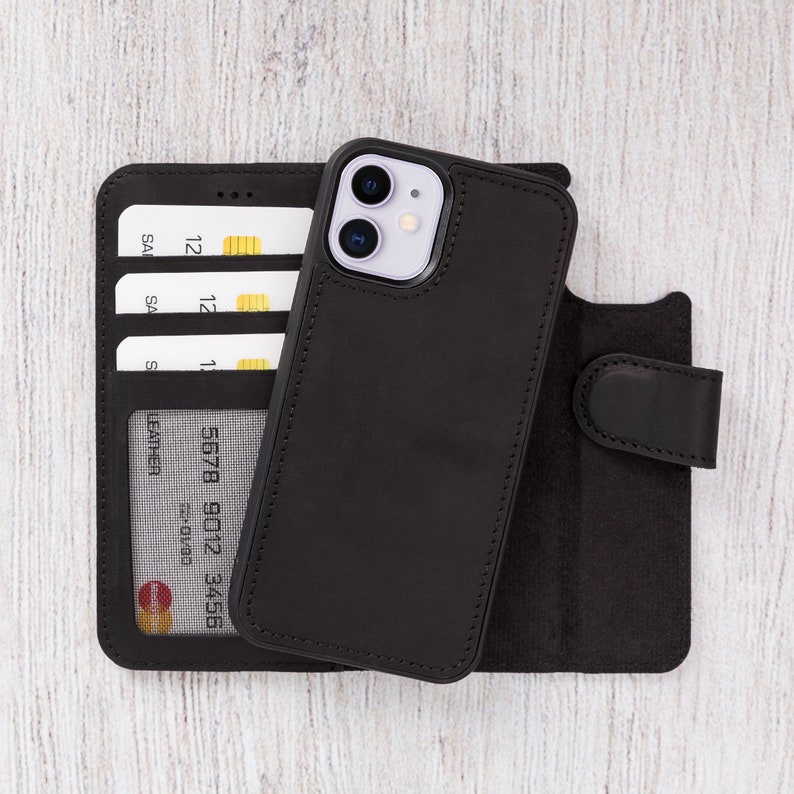 iPhone 12 Mini 5.4 Leather Wallet Customized Gift Back Cover BLACK Handmade Bifold Wallet Best Phone Case for iPhone 12 Mini