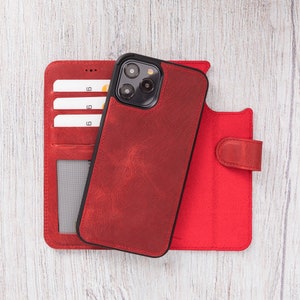 Cartera de cuero para mujer iPhone 12 Pro Max - Cartera plegable personalizada - Funda para iPhone 12 Pro Max - Soporte de carga inalámbrica MagSafe Charge / ROJO