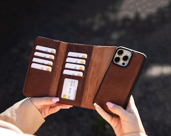Étui portefeuille en cuir pleine fleur pour iPhone : étui magnétique détachable à trois volets