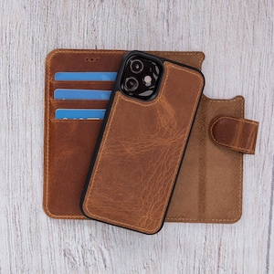 Funda de cuero Mini para iPhone 12 - Cartera personalizada para iPhone 12 Pro Max - Funda personalizada para iPhone 12 Pro - Cartera de cuero bifold para iPhone 12 / TAN