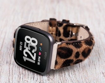 Furry Leopard Leather Fitbit Band: Versa/Sense, Personalized Strap
