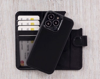 iPhone 13 Pro Max 6,7 Zoll Brieftasche aus schwarzem Vollnarbenleder - Beste Handyhülle - Abnehmbare 2 in 1 Abdeckung unterstützt Wireless und MagSafe Charge