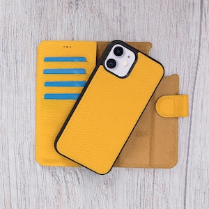 iPhone 12 Ledertasche - iPhone 12 Mini Trifold Ledertasche - Magnetische abnehmbare iPhone 12 Pro Max Cover - Leder iPhone 12 Pro Wallet / GELB