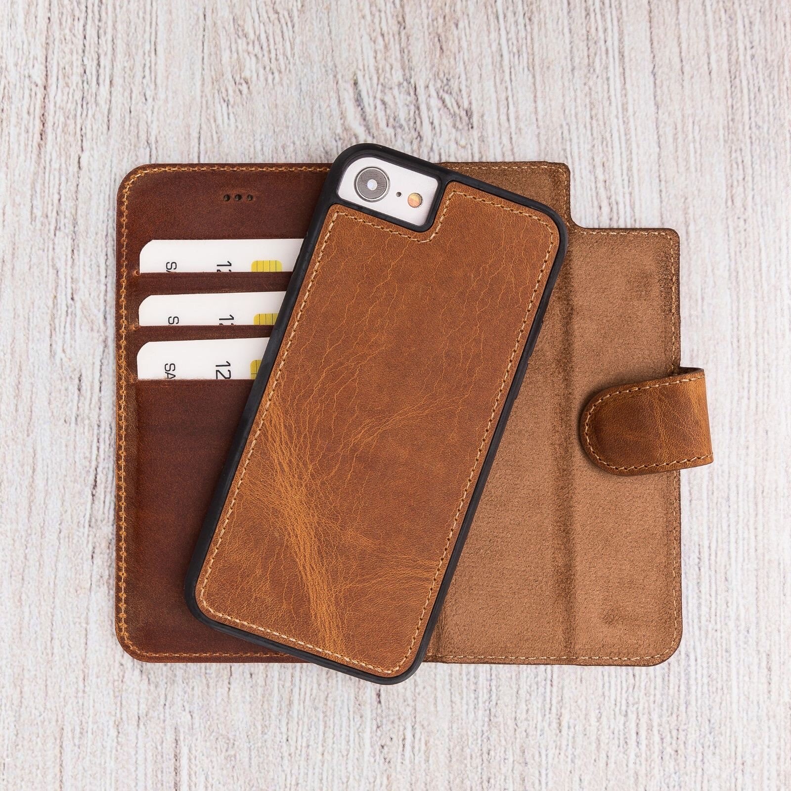 Genuine Leather RFID Wallet Phone Case SURAZO - Ornament Brown Compatible with Apple iPhone SE 3 2022 SE 2020 & iPhone 7/8