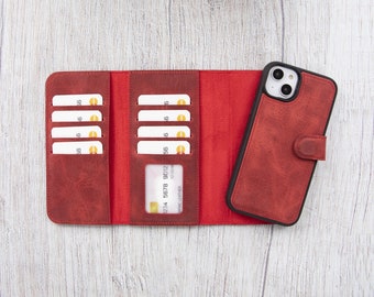 Apple iPhone 14+ Hülle, handgefertigte dreifache Brieftasche iPhone 14 Pro Max, personalisierte iPhone 14 Hülle unterstützt kabelloses / MagSafe Aufladen