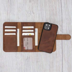Cartera de cuero marrón para iPhone 13 Mini de 5,4" - Regalo personalizado hecho a mano - Cubierta trasera protectora máxima compatible con MagSafe y carga inalámbrica