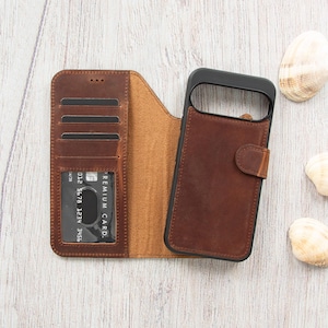 Leather Google Pixel 10 / Pro / XL Case, RFID Wallet, Magnetic Detachable Personalized Stand