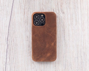 Handmade Full Grain Leather iPhone 13 Pro Cover: Personalized Brown Phone Case