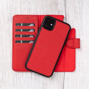 Red Leather iPhone 11 Wallet Case: Detachable Cover, Wireless Charge, Personalized