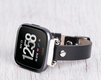 Dünnes, schwarzes Lederarmband für Fitbit: Versa & Sense Serie