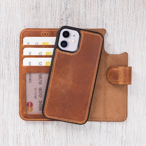 iPhone 12 Mini 5.4" Leather Case - Personalized iPhone 12 Mini Wallet - Stand Function - Supports Wireless Charge and MagSafe Charger / TAN
