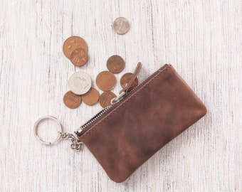 Handmade Full Grain Leather Coin Pouch - Personalized Zipper Wallet