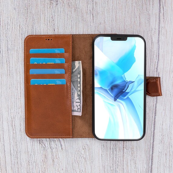 HR Wireless Apple iPhone 14 6.1 - Multi-functional Cards Slot Wrist Strap Vegan Leather Case Cover - Brown