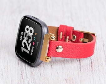 Slim Red Leather Fitbit Band: Versa 4, Versa 3, Sense 2