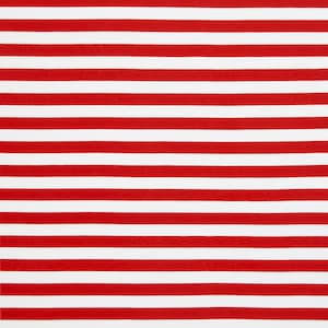 Op de afbeelding: Rood-wit gestreept weefsel met horizontale strepen. De strepen zijn gelijkmatig verdeeld en het weefsel heeft een gladde textuur.