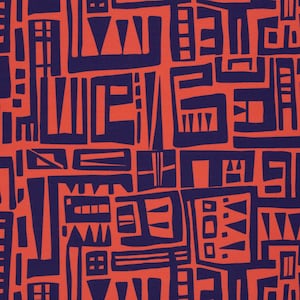 Peut inclure: Motif géométrique abstrait dans les tons orange et bleu marine. Le motif présente un agencement répétitif de formes angulaires, notamment des rectangles, des triangles et d'autres formes géométriques. L'effet global est un design audacieux et moderne.