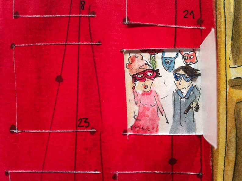 May include: A red calendar with handwritten numbers 8, 21, and 23. A small white paper with a drawing of two people wearing masks and costumes is attached to the calendar.