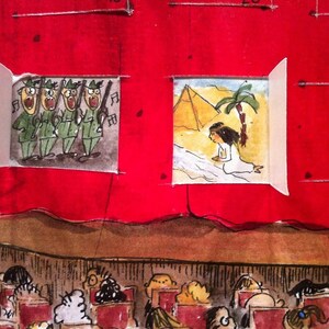 May include: A red stage curtain with two open windows. One window shows a group of four cartoon characters in green military uniforms singing. The other window shows a cartoon woman in a white dress kneeling in front of a pyramid in a desert landscape.