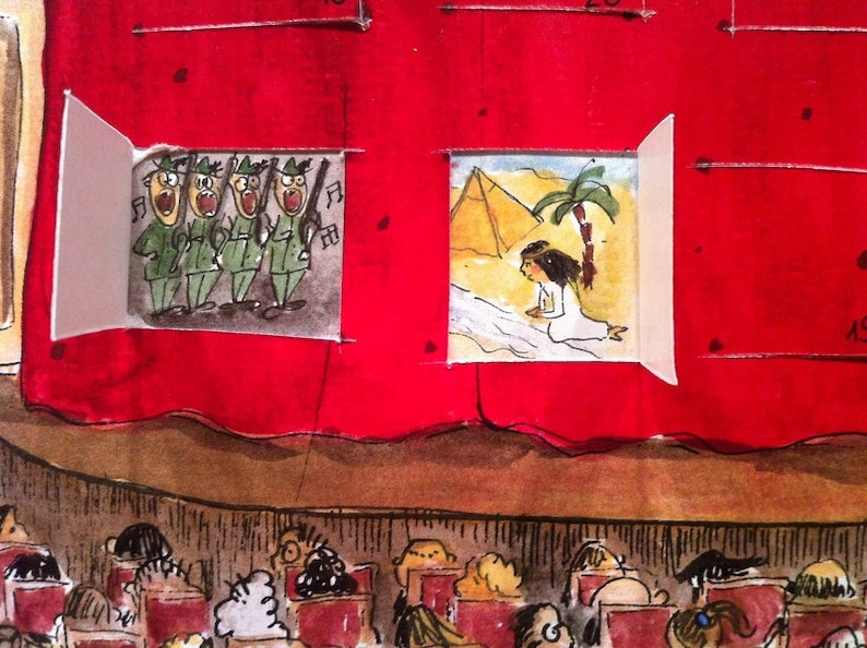 May include: A red stage curtain with two open windows. One window shows a group of four cartoon characters in green military uniforms singing. The other window shows a cartoon woman in a white dress kneeling in front of a pyramid in a desert landscape.