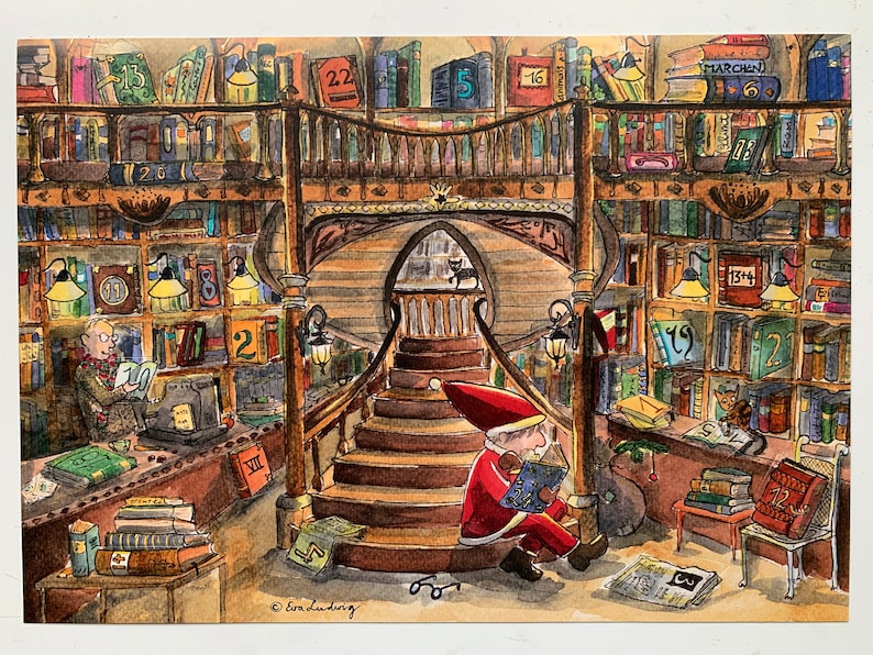 Op de afbeelding: Een aquarelillustratie van een boekwinkel met een wenteltrap en een figuur in een rode hoed die een boek leest. De boekwinkel is gevuld met boekenkasten en boeken, met nummers op de planken. De illustratie is in een grillige stijl.