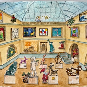 Può includere: Dipinto ad acquerello di un interno di un museo con varie opere d'arte e sculture. La scena comprende dipinti incorniciati, un soffitto di vetro e decorazioni natalizie. Sono presenti anche figure di Babbo Natale e una renna.