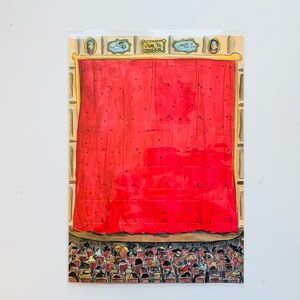 May include: A red stage curtain with a gold trim and a pattern of small white dots. The curtain is pulled back to reveal a stage with a row of seats filled with people. The text "Viva la Classe!" is written above the curtain.