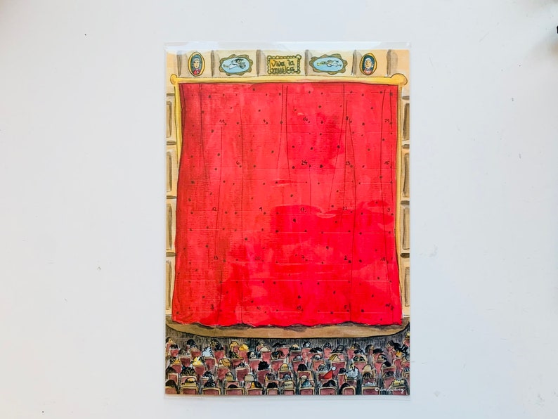 May include: A red stage curtain with a gold trim and a pattern of small white dots. The curtain is pulled back to reveal a stage with a row of seats filled with people. The text "Viva la Classe!" is written above the curtain.