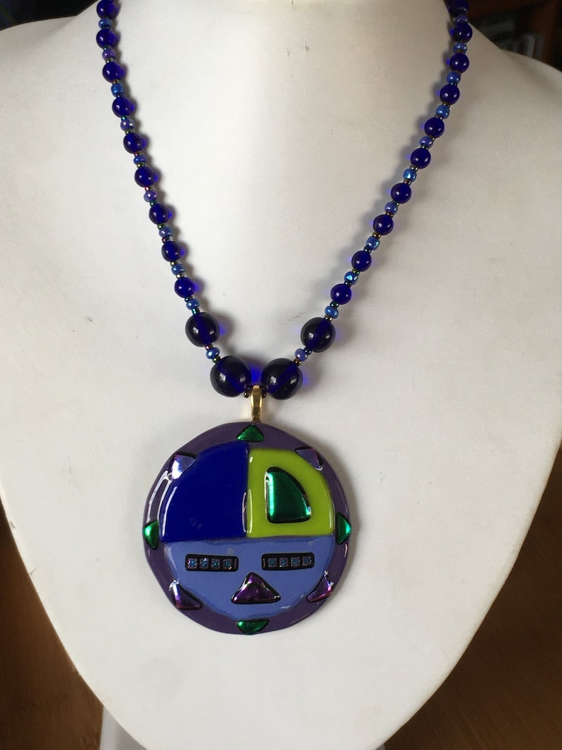 Fused Glass Pendant on Glass Beaded Necklace Signed Piece